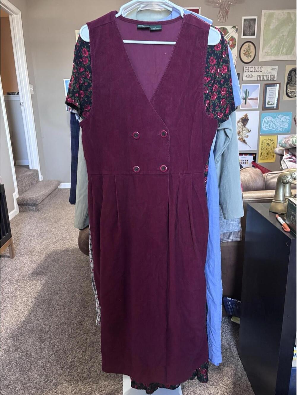 Vintage Hunt Club corduroy jumper dress in a rich burgundy tone.